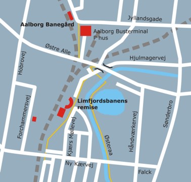 Kort med placeringen af remisen i Aalborg, tæt på stationen